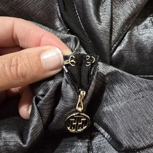 Tommy Hilfiger Metallic Dark Silver Stretch Taffeta Fit & Flare Dress - Picture 8 of 14